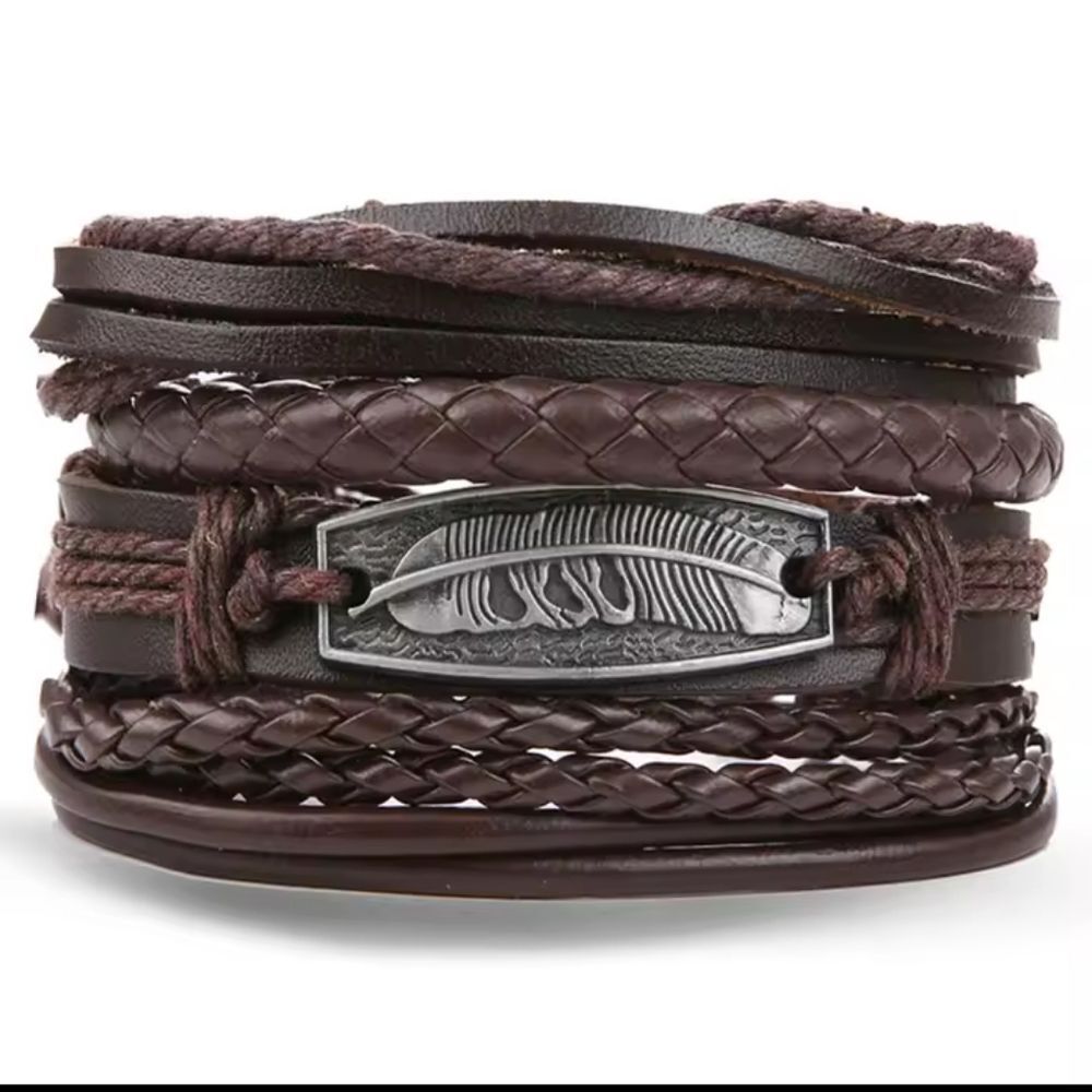 Men's leather bracelet set braided layered beaded new e97
